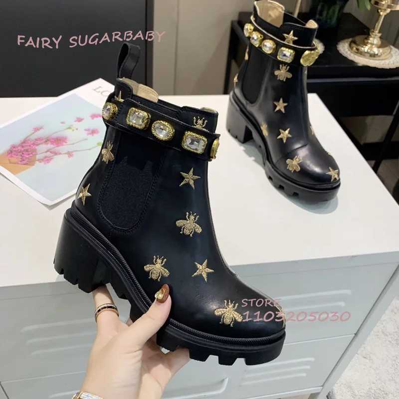 Stiefel Goldfaden Biene Stickerei Stiefel Frauen Totem Schwarz Leder Schmuck Knöchel Wrap Booties Casual Mädchen Wohnungen Frühling Vielseitige Schuhe