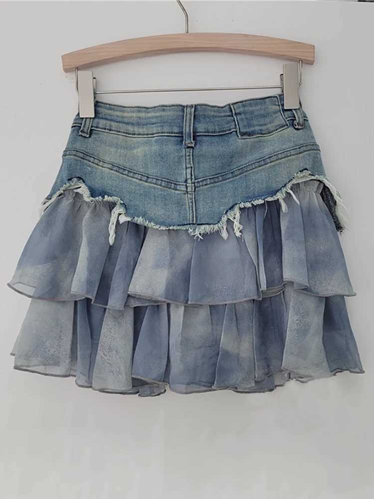 Skirts DEAT Womens Denim Skirt Spliced Irregular Burrs Pleated Tie-dye Gauze Double Layers Miniskirts 2024 Spring New Fashion 29L6301 YQ240201