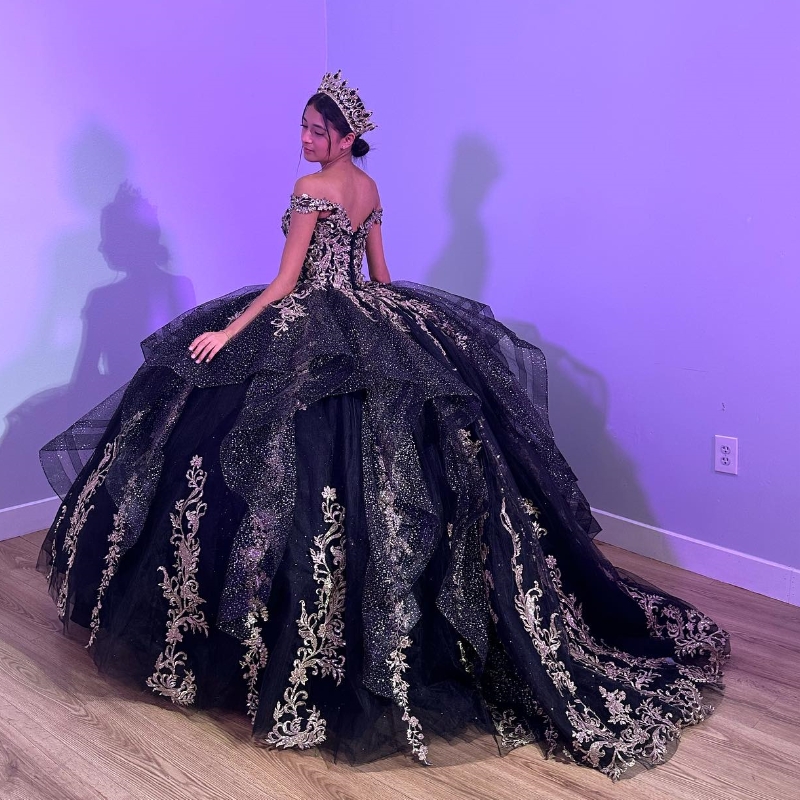 Robe De bal noire brillante Quinceanera, épaules dénudées, dentelle dorée, Corset en tulle appliqué, robes De 15 ans