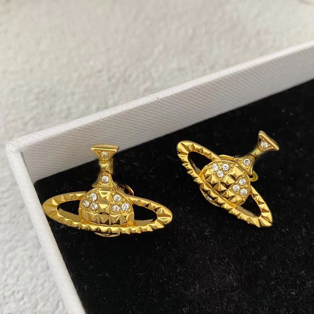 Saturn Charm Luxury Classic Cut Rivet Pendant Brand Designer Geometric Celebrity Round Rhinestone Earrings Wedding Party Jewelry 