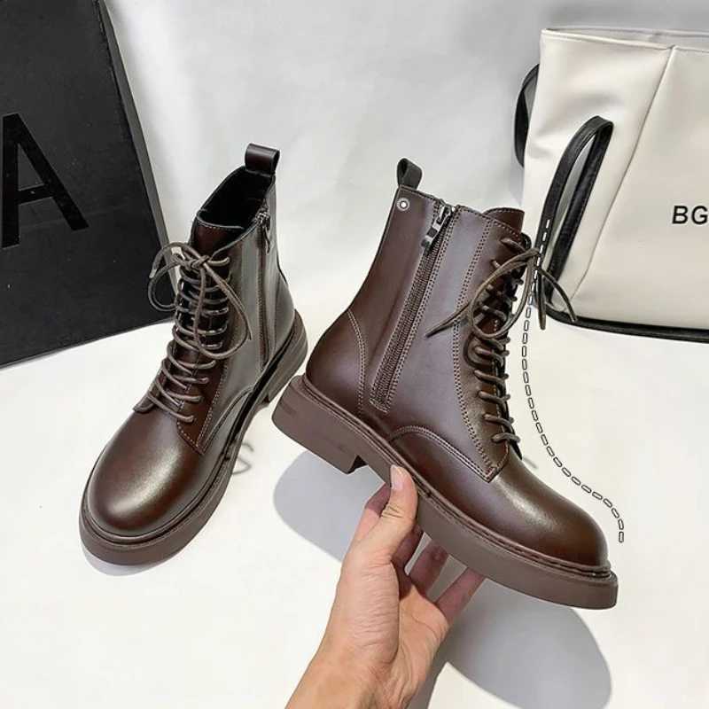 Boots Leather Short Shoes for Women Platform Combat Lace-up Brown Female Ankle Boots Punk Style with Laces Booties Elegant Low Heels