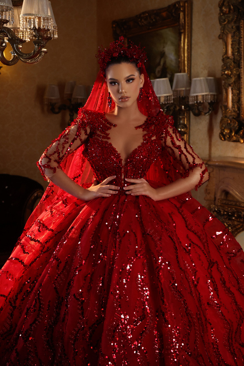 Princesa vermelho quinceanera vestido com decote em v manga longa lantejoulas vestido de baile elegante vestidos de tule com véu