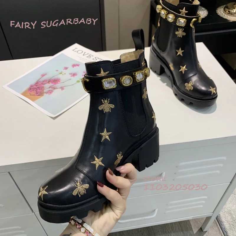 Boots Gold Thread Bee Embroidery Boots Women Totem Black Leather Jewelry Ankle Wrap Booties Casual Girls Flats Spring Versatile Shoes