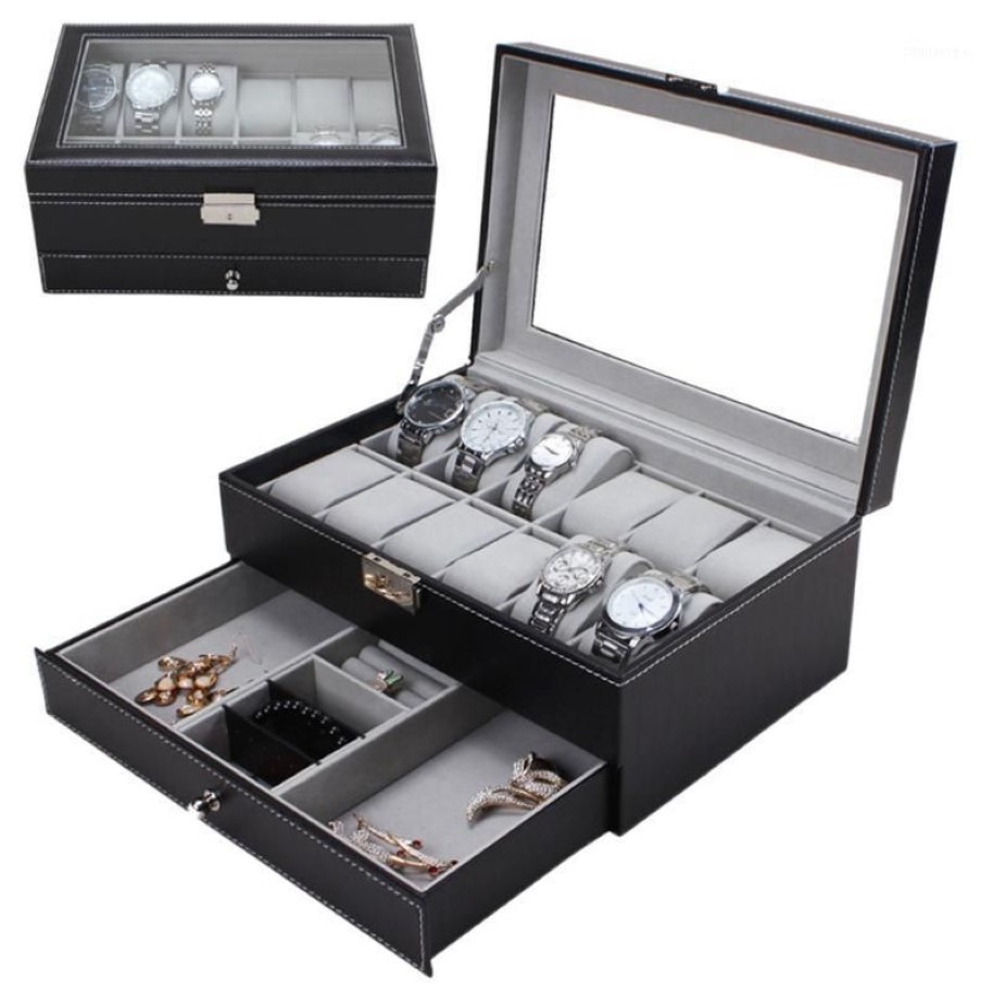 Nuovi 12 slot griglie Doppi strati Scatola di immagazzinaggio orologi in pelle PU Custodia orologi professionale Anelli Bracciale Organizer Box Holder1230x