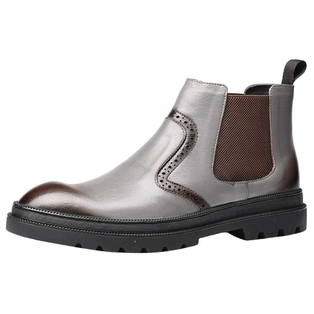 Mode hommes en cuir véritable sans lacet noir gris bout rond hommes chaussures habillées bottes homme formelles