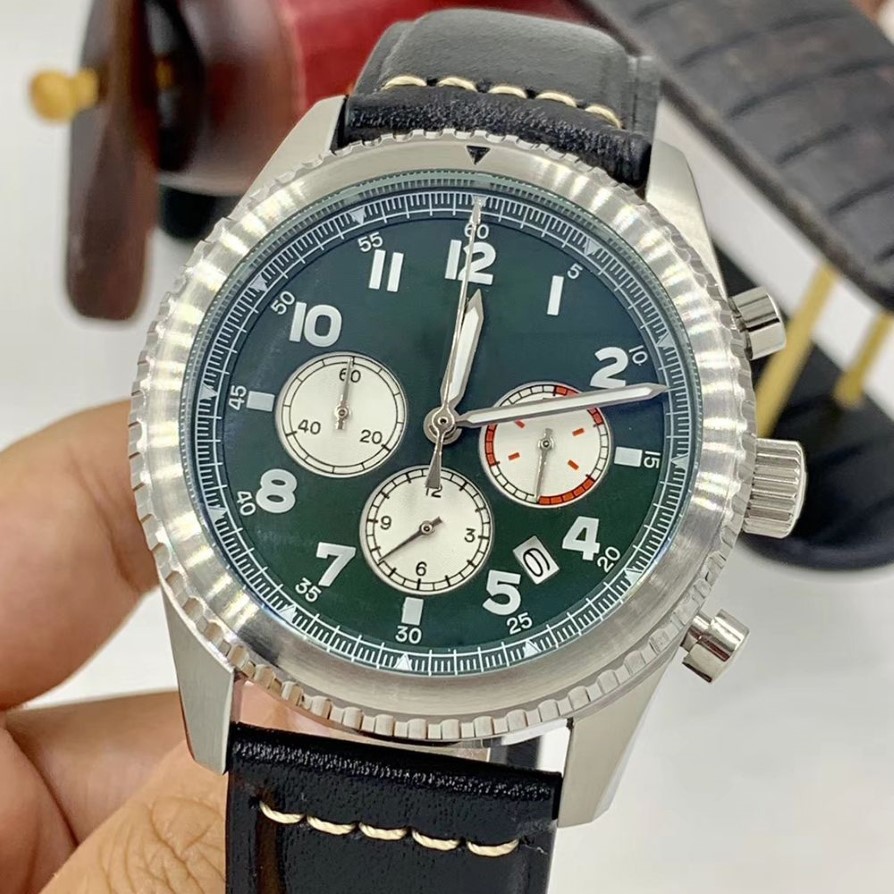 Wysokiej jakości Aviator 8 Curtiss Quartz Chronograph Męskie zegarki 46 mm srebrne obudowy zielone tarcze świetliste zegarki z czarnym leathe286r