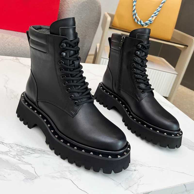 Botas preto cruz amarrado sola grossa martin tornozelo botas designer de salto baixo zíper botas femininas bota de couro genuíno pista sapatos femininos