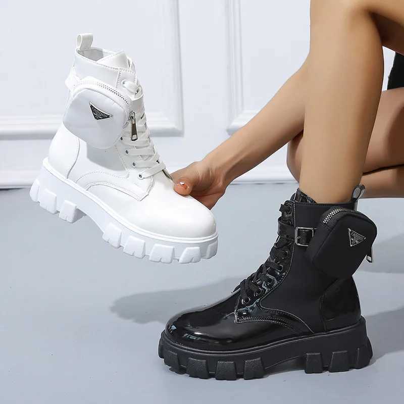 Boots Fashion Pocket Design Womens Martin Boots Mid-tube Thick-soled White Boots Womens Short Ankle Boots Ladies Shoes 