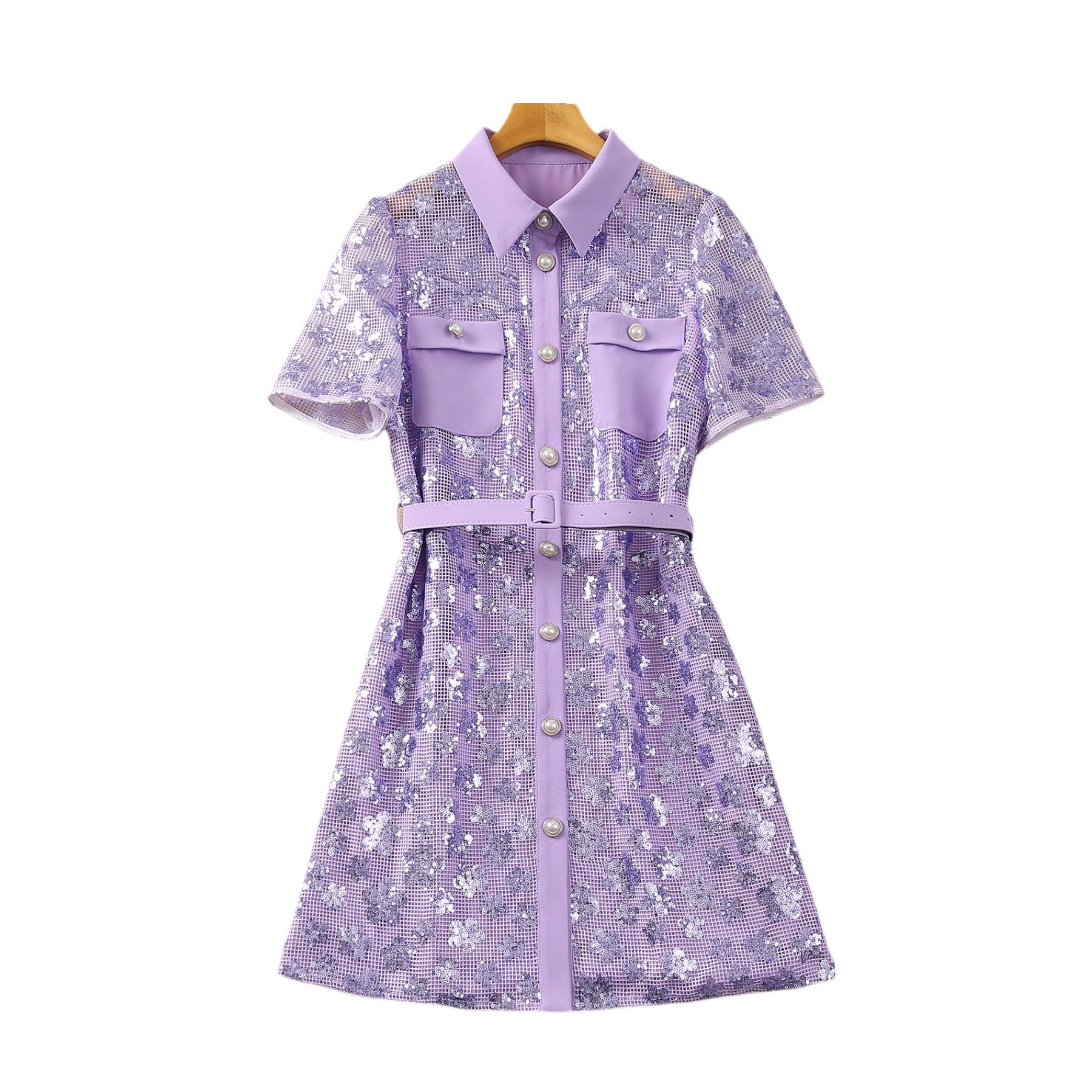 2024 Spring Lavender Plaid Panelowe Sukienki Kwiatowe Sukienka Czarna krótkie rękawowe szyję z pojedynczą długością kolan luźne sukienki S4J290125 Plus w rozmiarze xxl