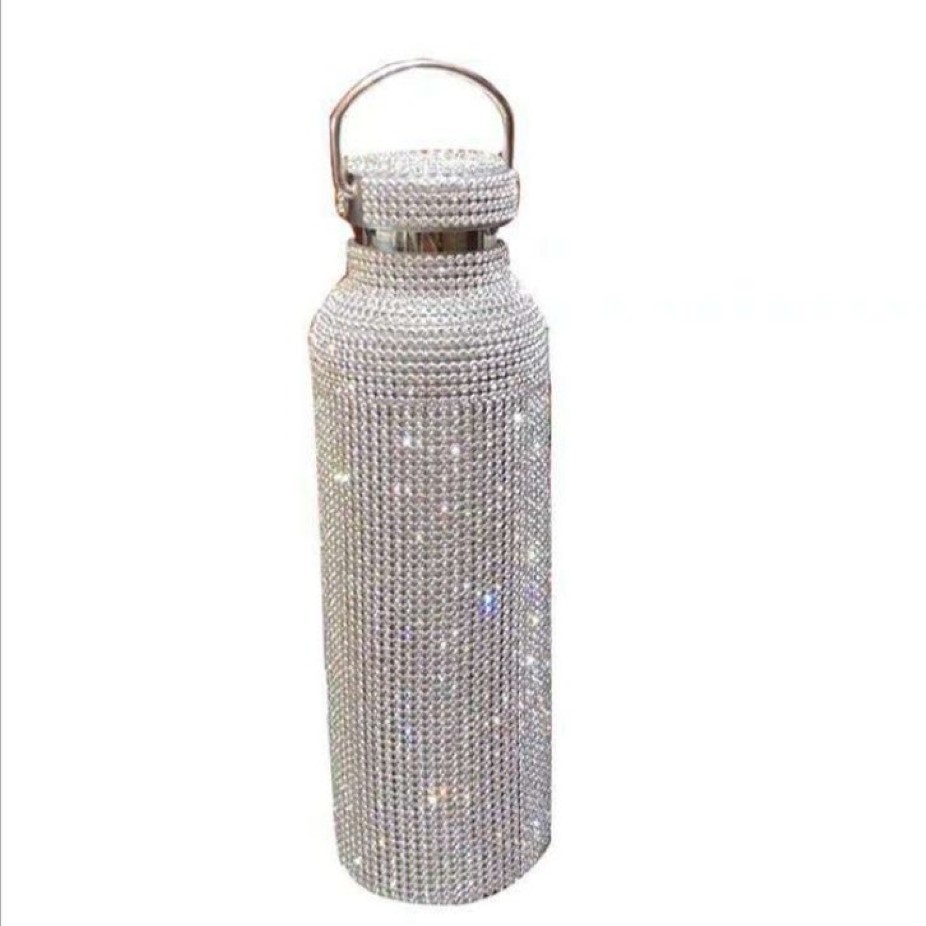 funkelnde High-End-Isolierflasche Bling Strass Edelstahl Therma Diamond Thermo Silver Wasser mit Deckel205R