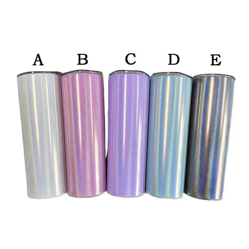 Garrafa térmica 20oz glitter reto magro tumbler com tampa palha de aço inoxidável fino viagem vácuo garrafa de água copo para bebida quente e fria