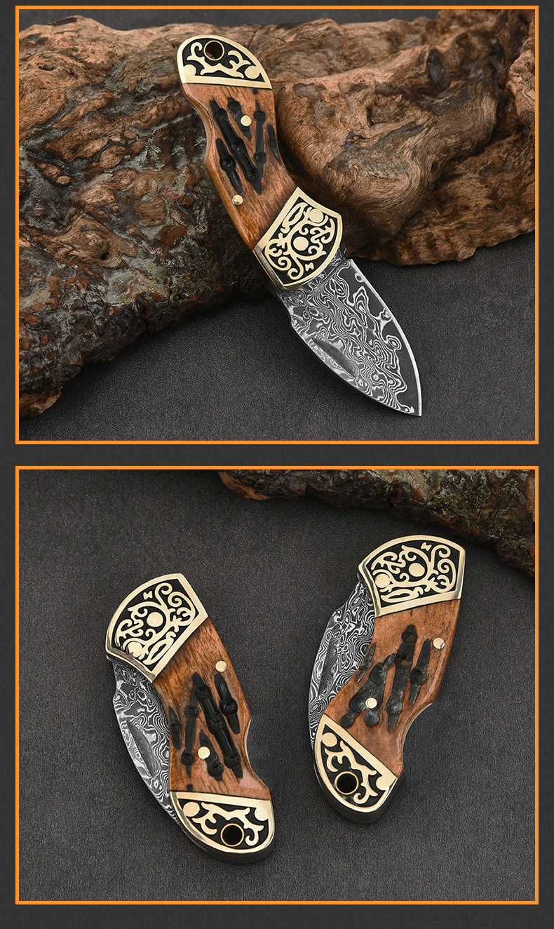 Speciale aanbieding Damascus zakmes Drop Point Blade Koebot met messing hoofdhandvat Kleine EDC-mapmessen Beste cadeau