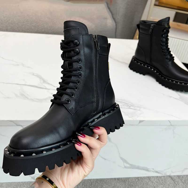 Botas preto cruz amarrado sola grossa martin tornozelo botas designer de salto baixo zíper botas femininas bota de couro genuíno pista sapatos femininos