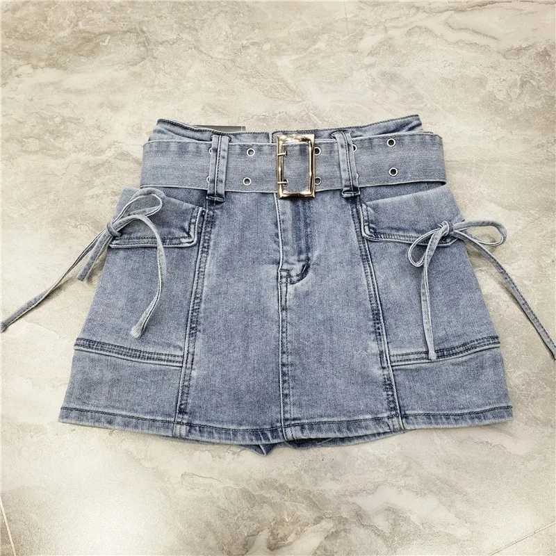 Kjolar våren och sommaren nya sexiga heta flickor arbetar denim stretch miniskirt fick mager skinkor denim kjol kvinnor bälte yq240201