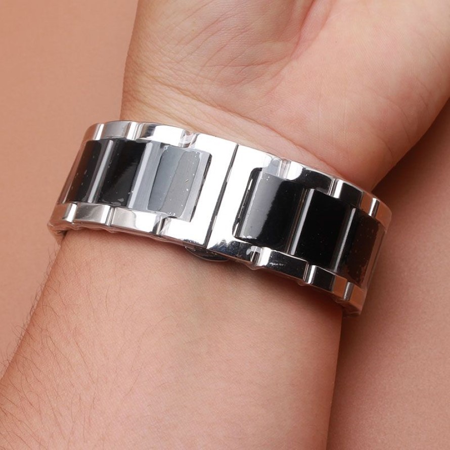 18mm 20mm 21mm 22mm 23 24mm Watchband Strap Bracelet with butterfly buckle Silver and black color polished stainless steel metal w266P