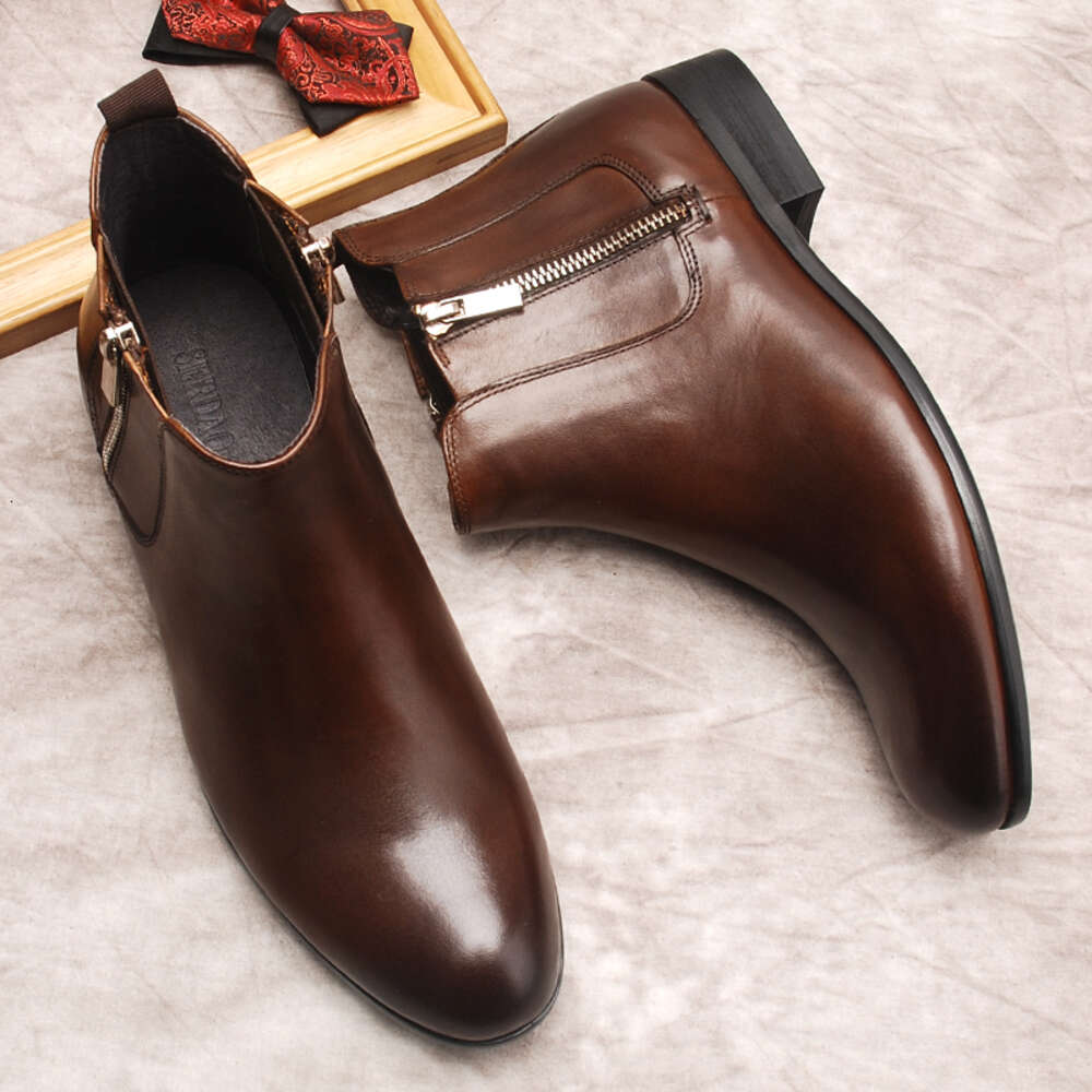 Chaussures en cuir de vache véritable, noir et marron, robe confortable, fermeture éclair à la cheville, bottes formelles pour hommes