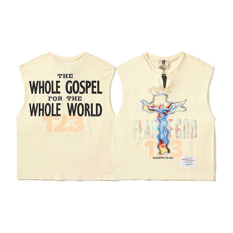 Men's T-Shirts 24ss designer High quality RRR123 x FOG Co-branding High Street Loose GOSPEL Gospel Cross V-neck Cut Sleeve Vest