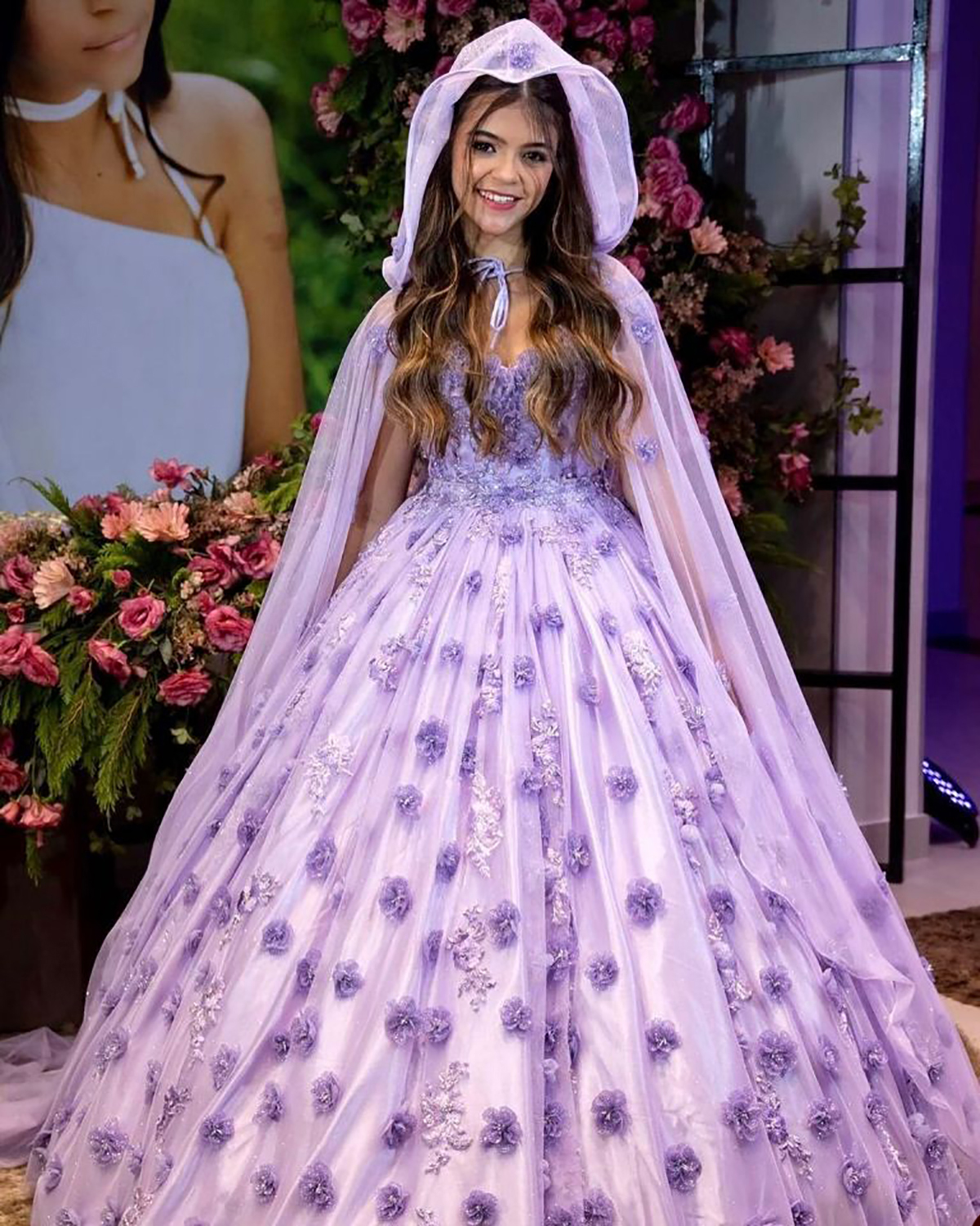 Vestidos florais roxos para meninas, apliques florais 3d, vestidos para concurso com manto, vestido de festa de aniversário infantil