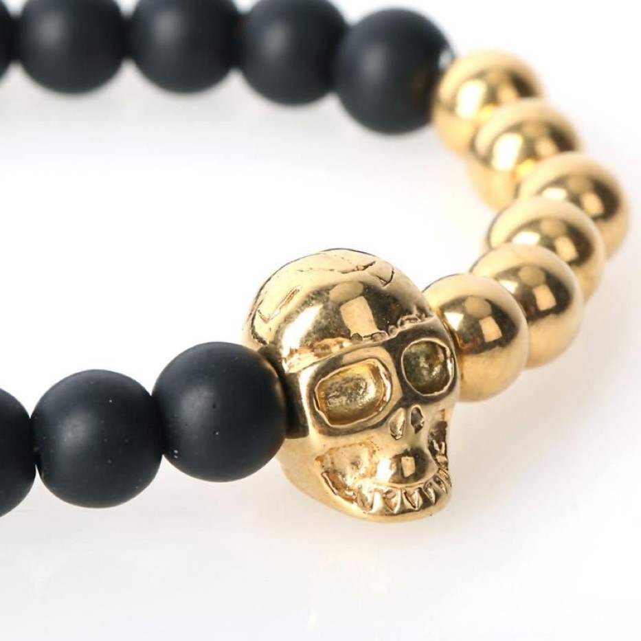 North Skull Armband Mens 8mm Black Stone Beads Elastic Armband Bangle rostfritt stål Northskull för män IB-1441228Y