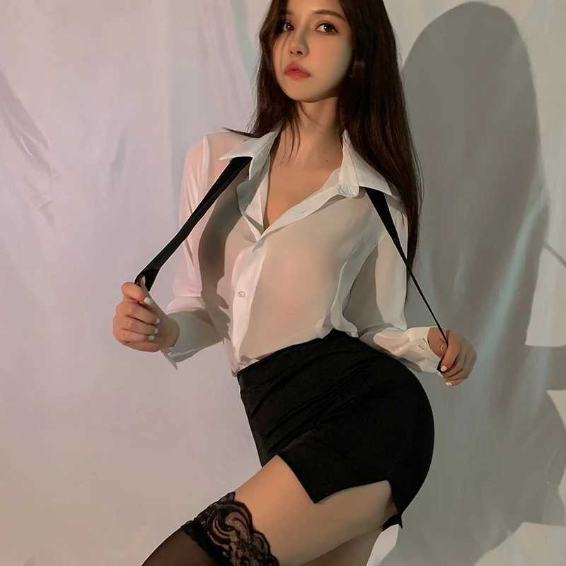 Saias Mulheres Secretária Uniforme Sexy Underwear Roleplay Office Professor Trajes Tentação Lingerie Pijama Conjunto Camisa Gravata Minissaia YQ240201