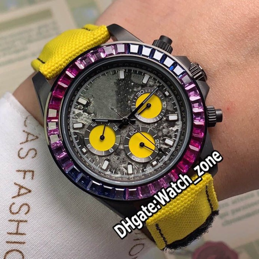 Versión PVD Caja negra 116500LN Esfera amarilla con garabatos Reloj automático para hombre Correa de cuero de nailon amarillo Bisel de diamantes arcoíris Wa210k