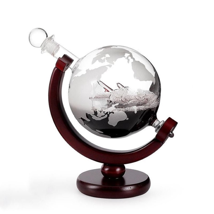 Decantador de whisky y vino Globe de 800mL con barra de soporte de madera acabada, aireador de vino con embudo, Mini máquinas Globe, herramientas de barra 2458