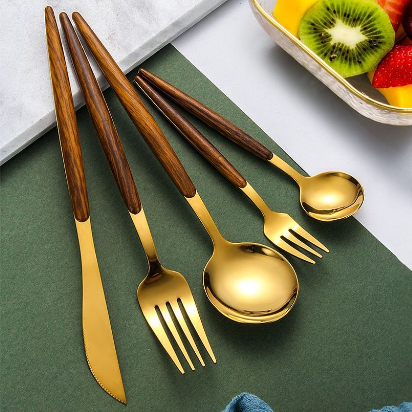 Wizualny dotyk luksusowy srebrny rękojeść drewniana rączka Złota srebrna obiad zestaw sztućców deser łyżki Zestawy noże