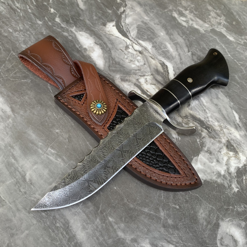 High End Outdoor Straight Knife 9Cr18Mov Damascus Straight Point Blade Ebony Handle Fixed Blade Knives with Leather Sheath