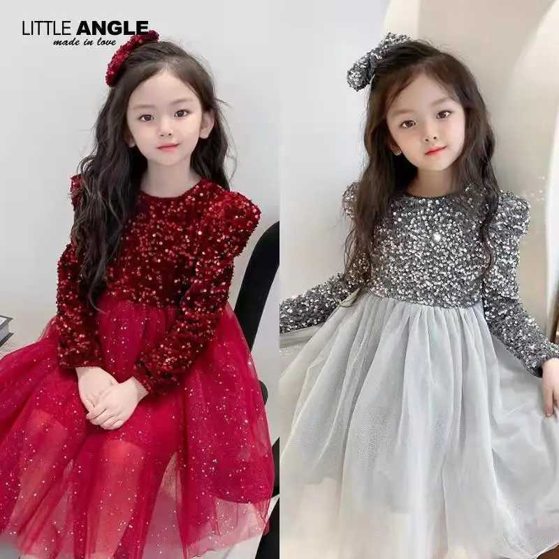 Girl's Dresses Autumn Long Sleeve Sequined Shiny Princess Girls Dress Kid New Year Tulle Red Clothes Children Birthday Party Tulle Tutu Vestido