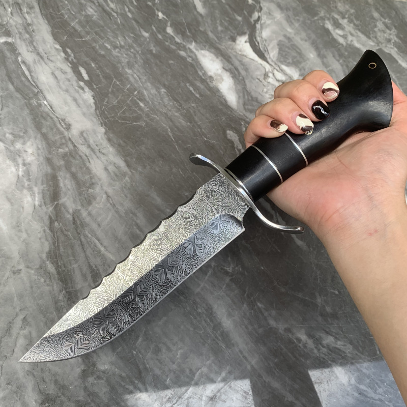 High Quality A2028 High End Damascus Straight Knife 9Cr18Mov Straight Point Blade Ebony Handle Fixed Blade Knives with Leather Sheath