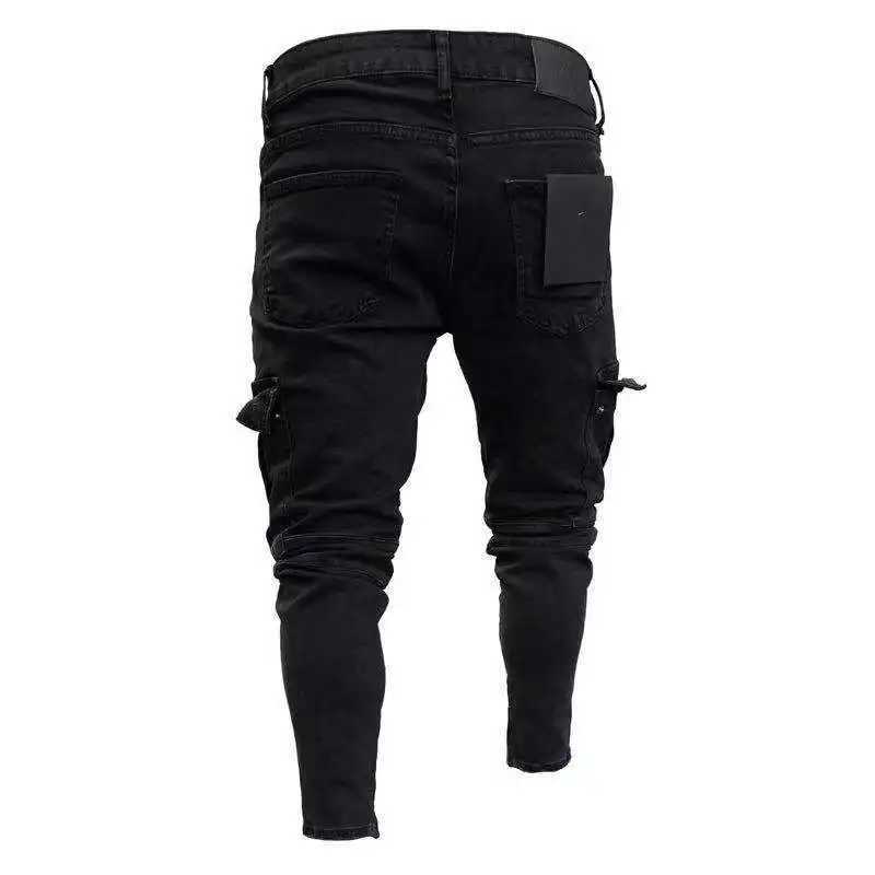 Jeans masculins pour hommes sally skinny hommes déchirés poche latérale lavée pantalon denim mince biker pantalon de survêtement de la mode pantalon hip hop jogger Q240427