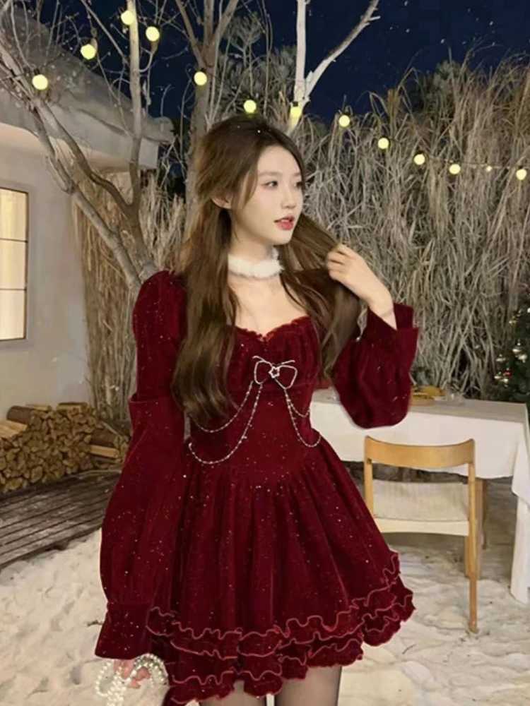 Robes décontractées de base 2024 printemps rouge Lolita Y2k robe de soirée courte femmes décontracté Kawaii doux Mini robe élégante Chic robe une pièce mode coréenne YQ240201