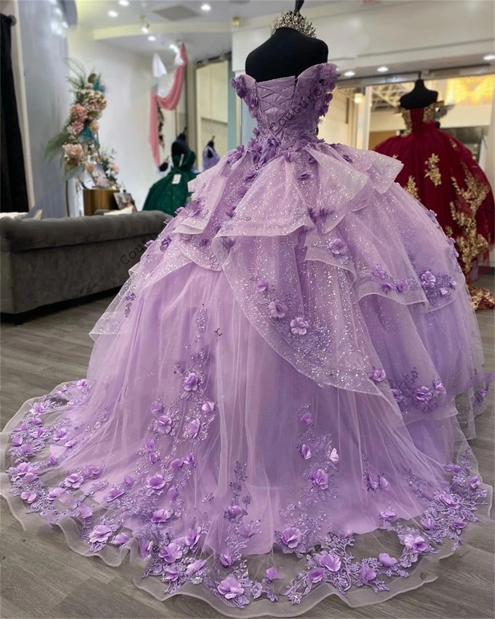 Sexy Lavender 3D Flowers Ruffels Quinceanera Dresses 2024 Off Shoulder Plus Size Bridal Party Gowns For Sweet 15 Girls vestidos de quinceaneras