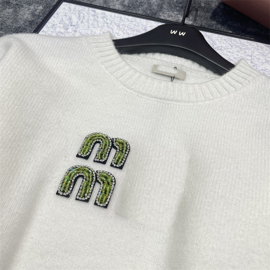 Designer Sweater cardigan Spring Loose Casual Knitwear Round Neck White Heavy Industry Soft Top Green Bead Letter Embroidery