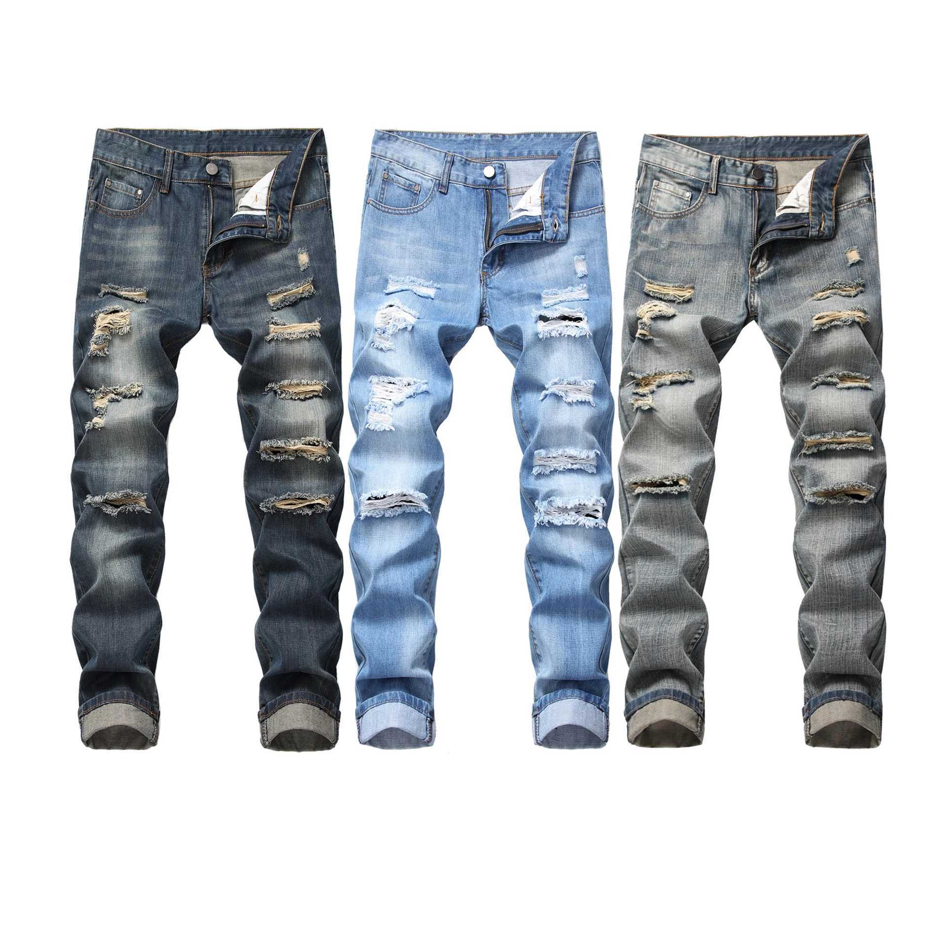 Herenjeans vallen nieuwe herenkleding gescheurd recht fit schouderloze mode blauw casual sociale hiphop feest hoogwaardige Q240427