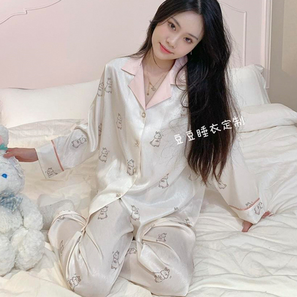 Printemps nouveau pyjama femmes glace soie rose col lapin maison fureur ensemble doux et confortable