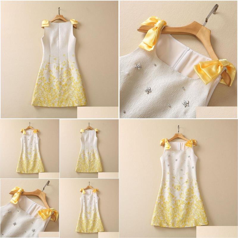 Basic & Casual Dresses European and American Womens Clothes 2023 Spring New Bow Jacquard Print Sleeveless Yellow Fashi Dhzko