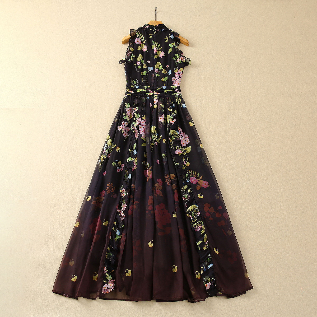 2024 Summer Black Floral Print Ruffle Szyfonowa sukienka bez rękawów panele kołnierzowe długie maksymalne sukienki S4J290125 plus size xxl
