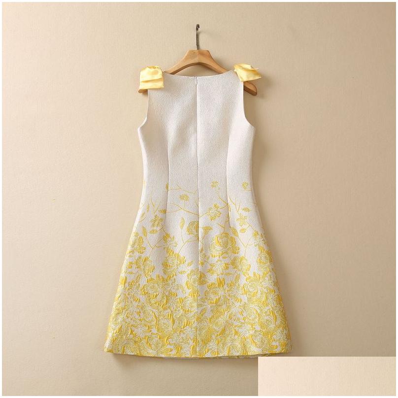 Basic & Casual Dresses European and American Womens Clothes 2023 Spring New Bow Jacquard Print Sleeveless Yellow Fashi Dhzko