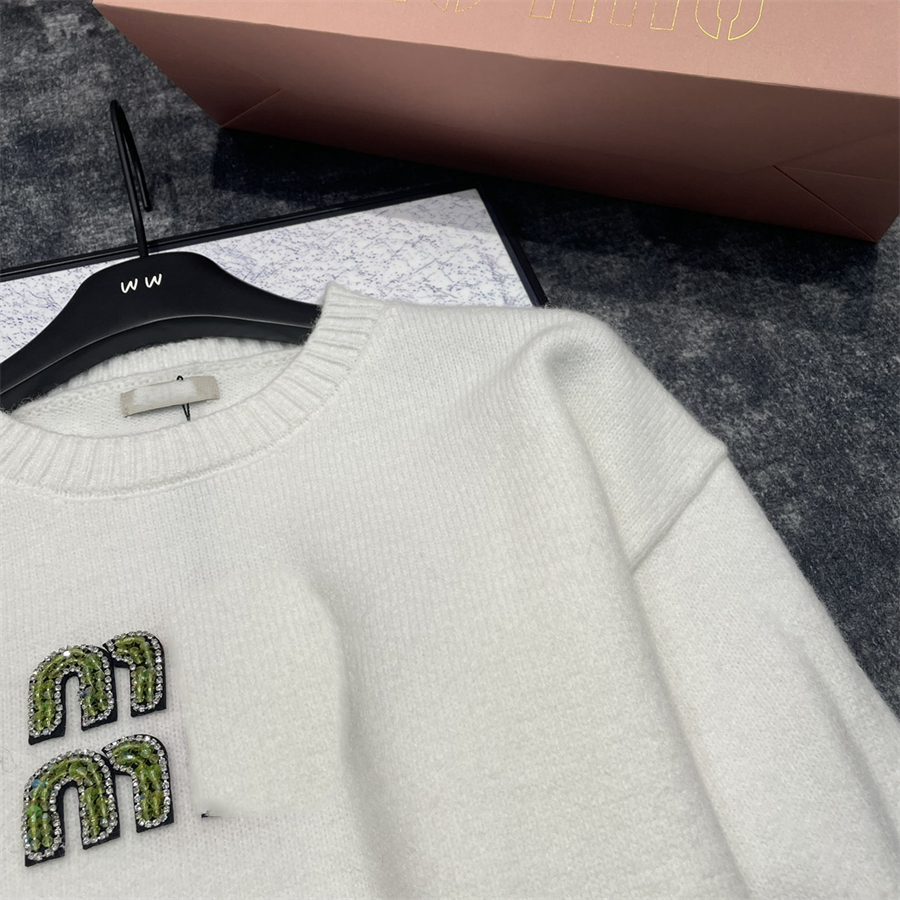 Designer Sweater cardigan Spring Loose Casual Knitwear Round Neck White Heavy Industry Soft Top Green Bead Letter Embroidery