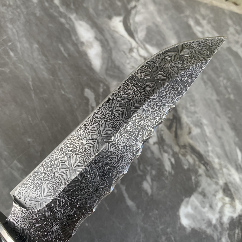 High Quality A2028 High End Damascus Straight Knife 9Cr18Mov Straight Point Blade Ebony Handle Fixed Blade Knives with Leather Sheath