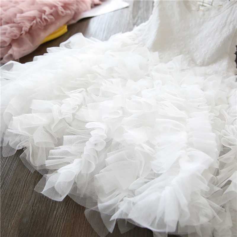 Flickans klänningar Flower Girl Summer Dress Elegant Girl New Floral Bithday Wedding Party Layer Kläder Kids White 1st Communion Princess Costume