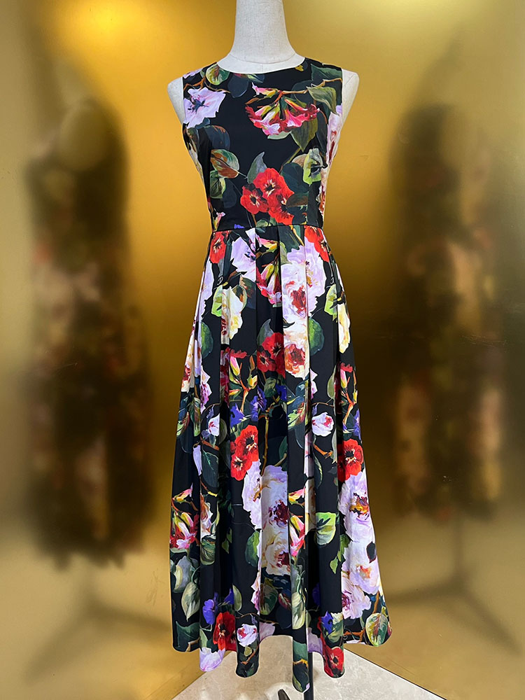 100% Cotton Flower Printing Dress Summer Women O-Neck Sleeveless Waist-closing Party Holiday Expansion Vestidos