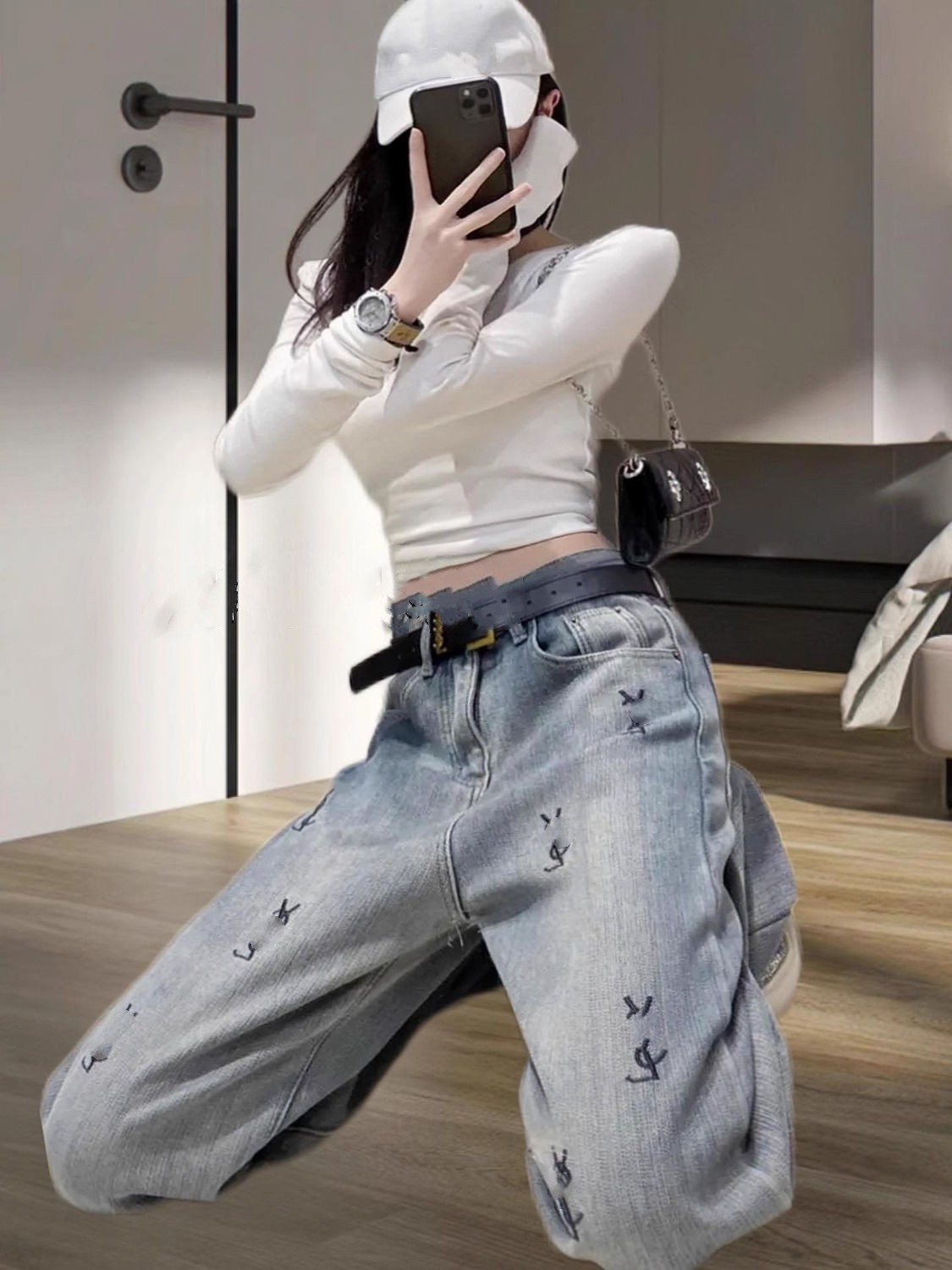 Женские свободные джинсовые брюки-палаццо с высокой талией и вышивкой логотипа, длинные брюки SMLXLXXL3XL4XL