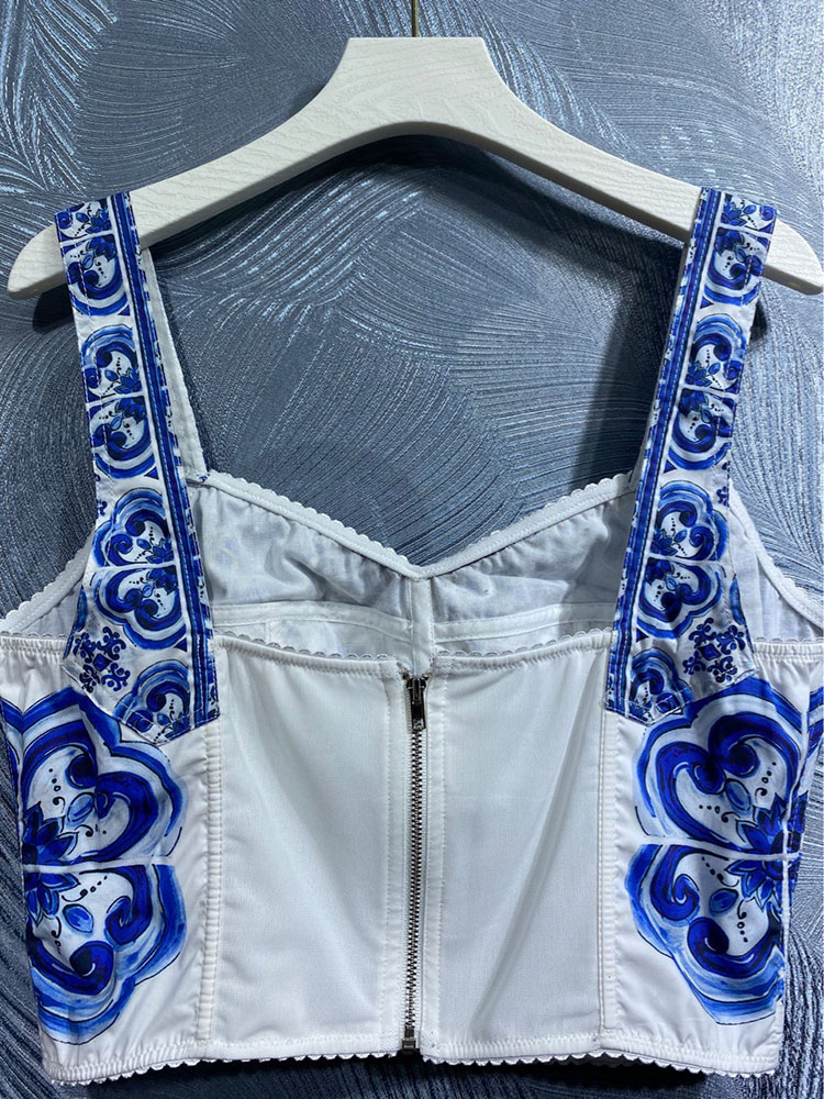 100% bomullstoppar tees mode sommar kvinnor backless blå och vit porslin tryck korta camis toppar