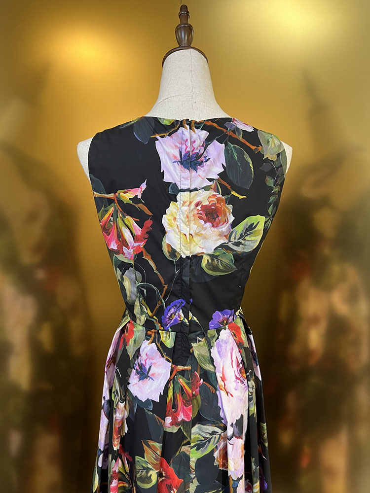 100% Cotton Flower Printing Dress Summer Women O-Neck Sleeveless Waist-closing Party Holiday Expansion Vestidos