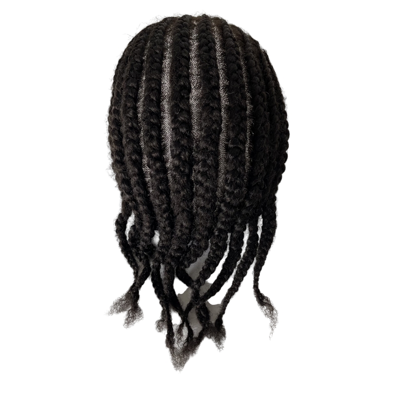 Indian Virgin Human Hair Replacement 1B# Black Afro Cornrow flätor 8x10 OCT Hållbar spets med Pu Toupee Male Unit för svarta män