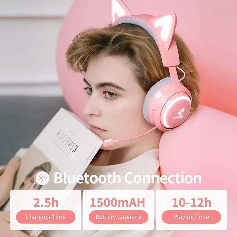 Cep Telefonu Kulaklıklar Somik GS510 Mikrofonlu Kedi Kulakları ile Kablosuz Oyuncu Kulaklık RGB Renkli Kawaii Kulaklık Kız Bluetooth Oyun Hediyeleri YQ240202