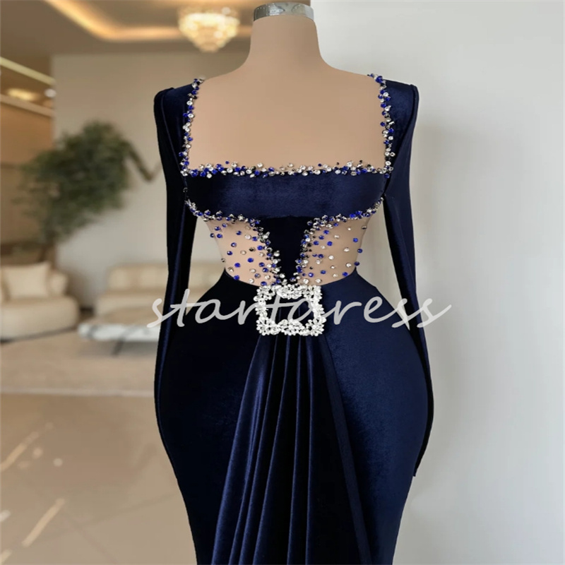 Elegant Navy Blue Velvet Prom Dress Square Collar Mermaid Evening Dress Long Sleeve Beaded Crystal Black Girls Formal Party Vestios De Fiesta Sheer Neck Birthday