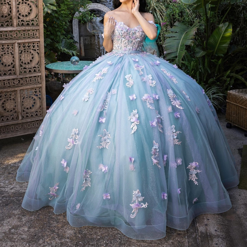 Aquablau glänzendes Ballkleid Quinceanera-Kleid 3D-Blumenapplikationen Schleife Prinzessin Tüll Vestidos de 15 Jahre Geburtstagsfeier Süßes 16-Kleid